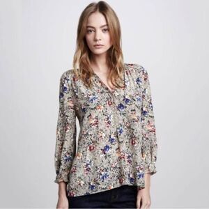 Rebecca Taylor 100% Silk Floral Blouse Top size 4 Smocked Cuffs Pullover V-Neck